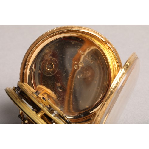 144 - Gents 18 carat gold open faced pocket watch engraved foliate dial with roman numerals with subsidiar... 