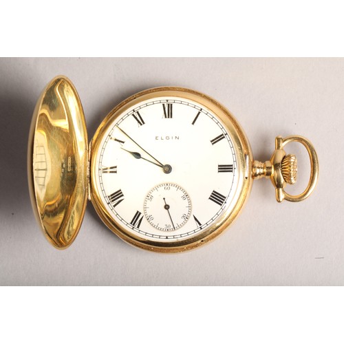 139 - Gents 18 carat gold full Hunter Elgin pocket watch enamel dial with Roman numeral hour markers and s... 