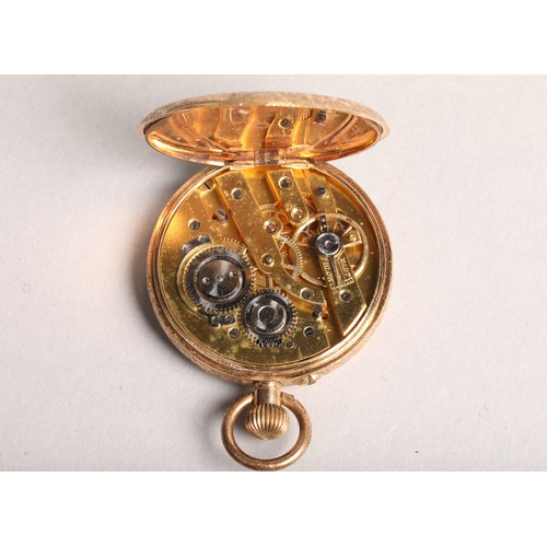 140 - 14 carat gold ladies pocket watch, gilt floral dial with black numerals, chased and engraved, foliat... 