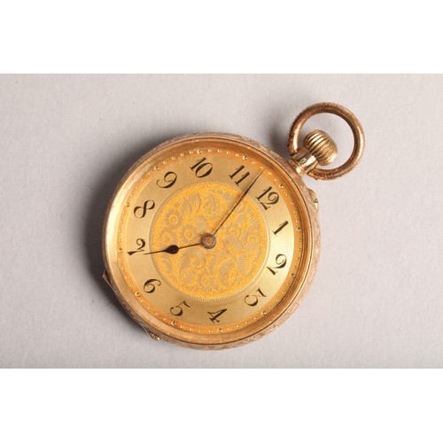 140 - 14 carat gold ladies pocket watch, gilt floral dial with black numerals, chased and engraved, foliat... 