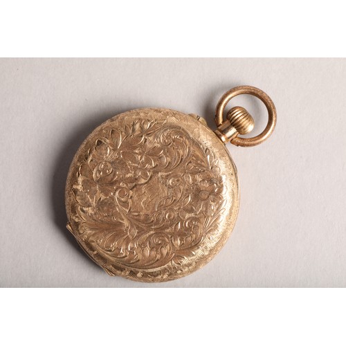 140 - 14 carat gold ladies pocket watch, gilt floral dial with black numerals, chased and engraved, foliat... 