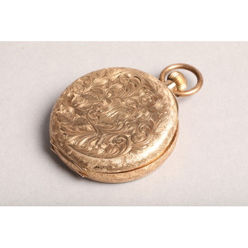 140 - 14 carat gold ladies pocket watch, gilt floral dial with black numerals, chased and engraved, foliat... 