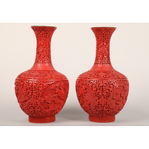 26 - Pair 19th Century Chinese carved cinnabar lacquer vases, baluster form, decorated with Chinese drago... 