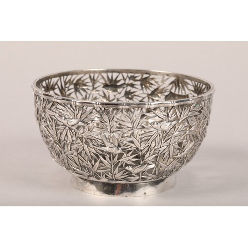 197 - 19th Century Chinese pierced silver bowl, decorated with birds and bamboo with vacant shield shaped ... 