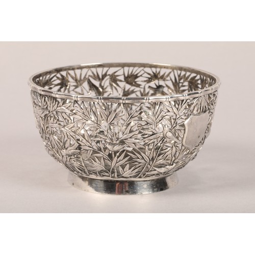 197 - 19th Century Chinese pierced silver bowl, decorated with birds and bamboo with vacant shield shaped ... 