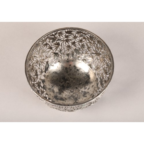 197 - 19th Century Chinese pierced silver bowl, decorated with birds and bamboo with vacant shield shaped ... 