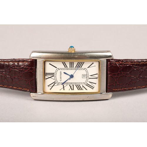 132 - Gents Cartier silver tank quartz wrist watch, rectangular silver dial with roman numeral hour marker... 