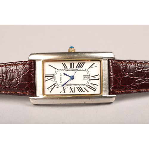 132 - Gents Cartier silver tank quartz wrist watch, rectangular silver dial with roman numeral hour marker... 