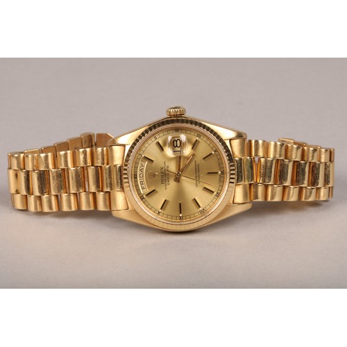124 - 18 carat gold gents Rolex Oyster Perpetual day date, numeric wrist watch, champagne dial with applie... 