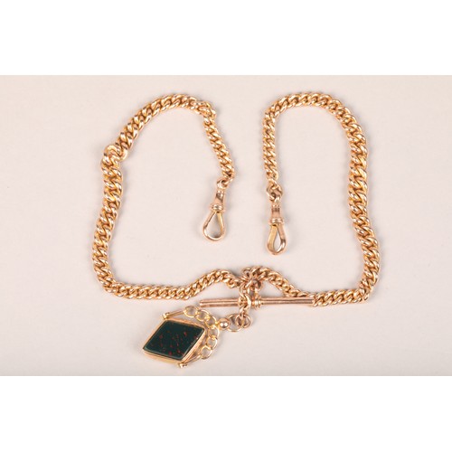 94 - Gents 9 carat gold double chain with T-bar and black stone fob, weight 52.3g