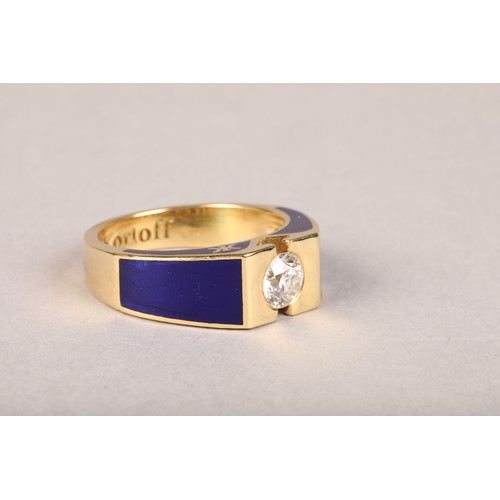 47 - Korloff 18 carat gold diamond ring 0.5 carat diamond set on 18 carat yellow gold, set with blue enam... 