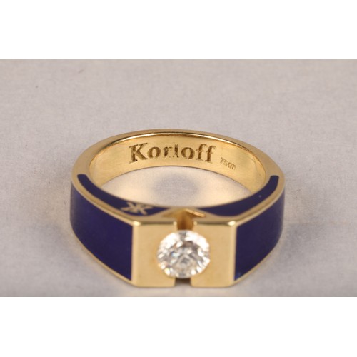 47 - Korloff 18 carat gold diamond ring 0.5 carat diamond set on 18 carat yellow gold, set with blue enam... 