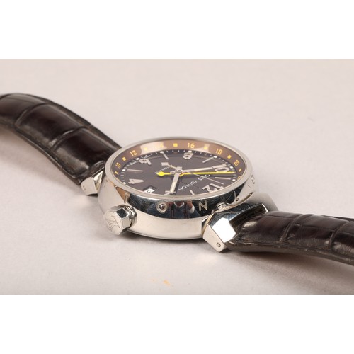 134 - Louis Vuitton classic tambour Automatic wrist watch, stainless steel case, black leather strap, orig... 