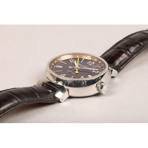 134 - Louis Vuitton classic tambour Automatic wrist watch, stainless steel case, black leather strap, orig... 