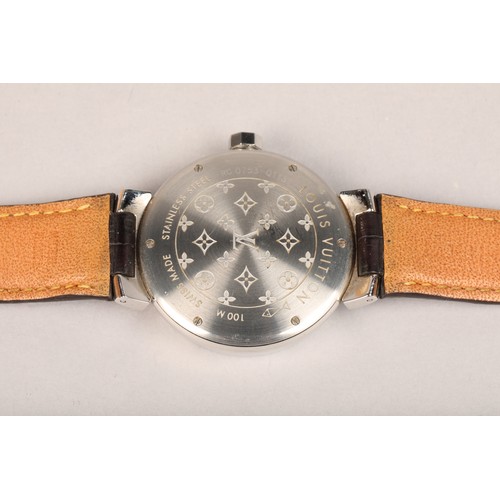 134 - Louis Vuitton classic tambour Automatic wrist watch, stainless steel case, black leather strap, orig... 