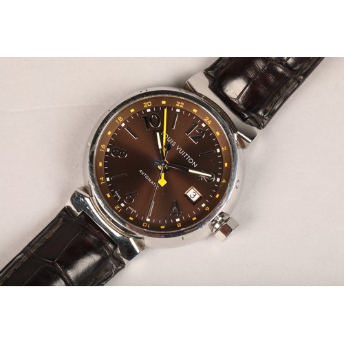 134 - Louis Vuitton classic tambour Automatic wrist watch, stainless steel case, black leather strap, orig... 