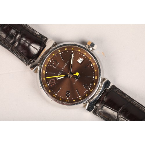 134 - Louis Vuitton classic tambour Automatic wrist watch, stainless steel case, black leather strap, orig... 