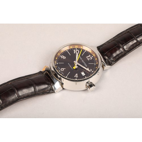 134 - Louis Vuitton classic tambour Automatic wrist watch, stainless steel case, black leather strap, orig... 