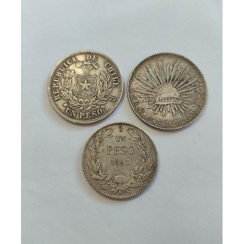 175 - Chile & Mexico- Silver coins to include an 1868 Chile Un Peso an 1895 Chile Un Peso and a Mexica... 