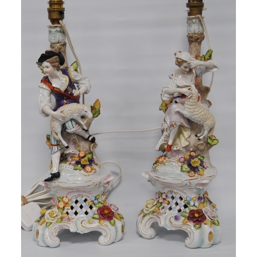 225 - Pair of Meissen-style continental porcelain table lamps, c. early 20th century, modelled as a male a... 