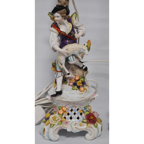 225 - Pair of Meissen-style continental porcelain table lamps, c. early 20th century, modelled as a male a... 