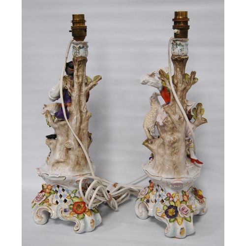 225 - Pair of Meissen-style continental porcelain table lamps, c. early 20th century, modelled as a male a... 