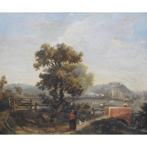 302 - Attributed to Samuel Parrott (British, 1797 - 1876)Castle and meadows, NottinghamOil on board, 33cm ... 