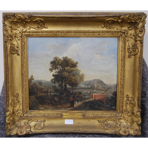 302 - Attributed to Samuel Parrott (British, 1797 - 1876)Castle and meadows, NottinghamOil on board, 33cm ... 