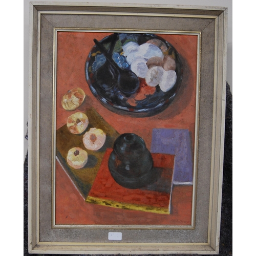 311 - Kim Byers (Scottish)Still life of eggs and cakesSigned, oil on canvas, 54cm x 39cm.... 