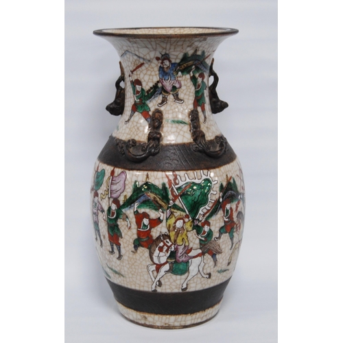 263 - Chinese crackle glazed vase (20th century) decorated with a battle scene in polychrome enamels, with... 