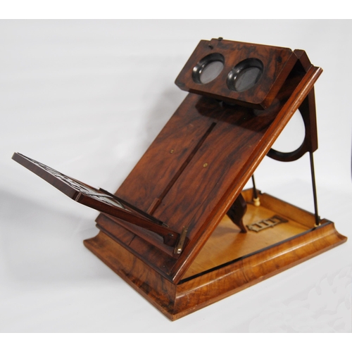 173 - Victorian burr walnut stereoscopic table viewer, the table tilting on a ratcheted bracket with pierc... 