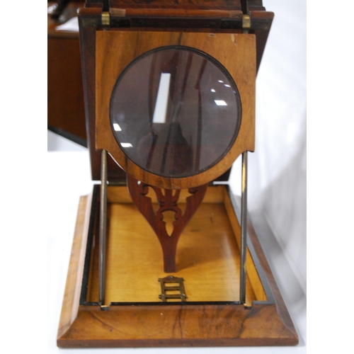 173 - Victorian burr walnut stereoscopic table viewer, the table tilting on a ratcheted bracket with pierc... 