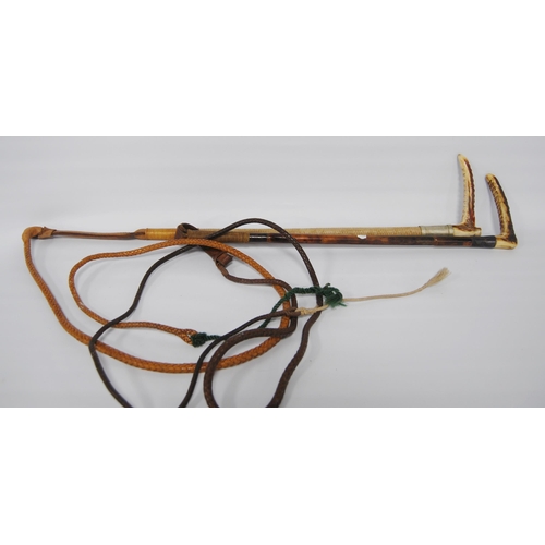 197 - Two George VI period riding crops, both with antler handles above a silver and white metal collar, b... 