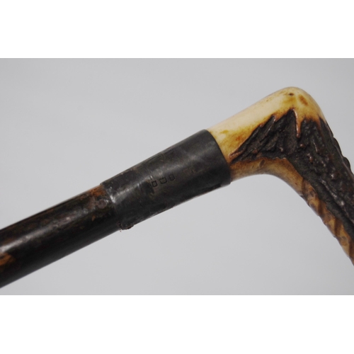 197 - Two George VI period riding crops, both with antler handles above a silver and white metal collar, b... 