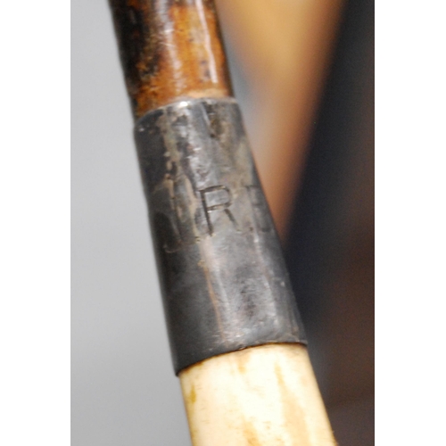 197 - Two George VI period riding crops, both with antler handles above a silver and white metal collar, b... 