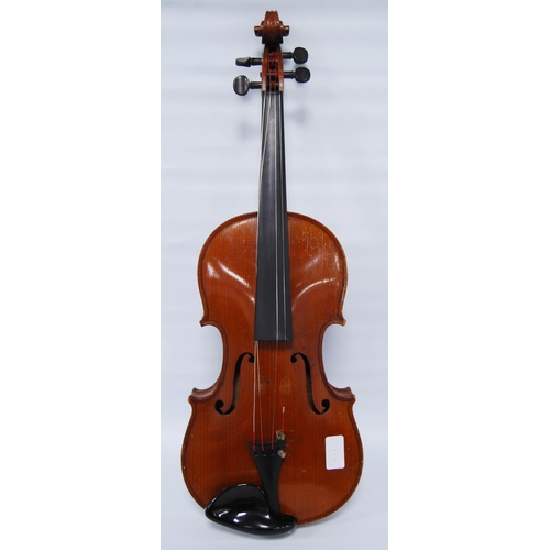 201 - Antique French violin with two-piece back and label for G Fournier (Paris), 35cm long, with bow in f... 