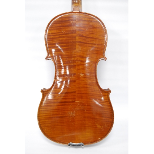 201 - Antique French violin with two-piece back and label for G Fournier (Paris), 35cm long, with bow in f... 