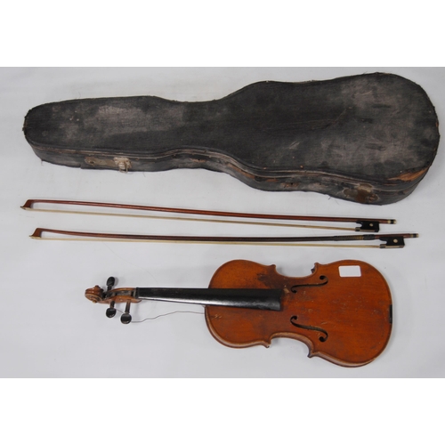 202 - Antique violin with two-piece back, 32cm, with two bows in fitted case.