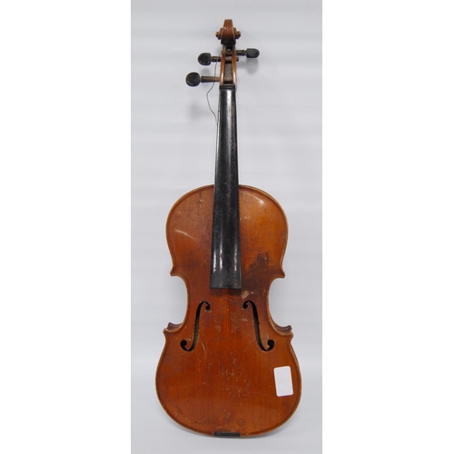 202 - Antique violin with two-piece back, 32cm, with two bows in fitted case.