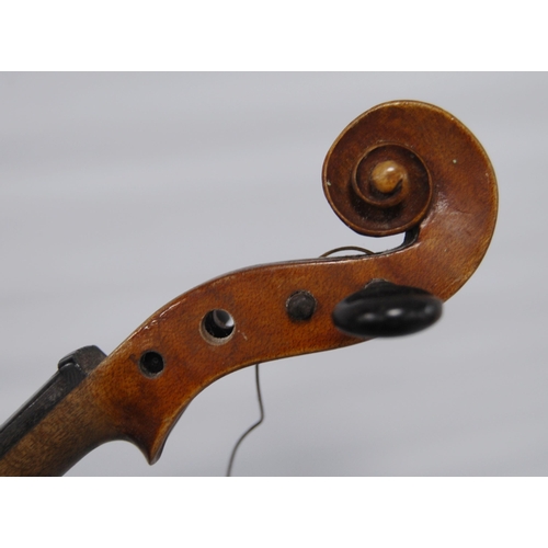 202 - Antique violin with two-piece back, 32cm, with two bows in fitted case.