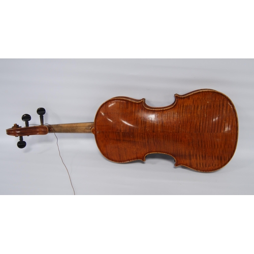 202 - Antique violin with two-piece back, 32cm, with two bows in fitted case.