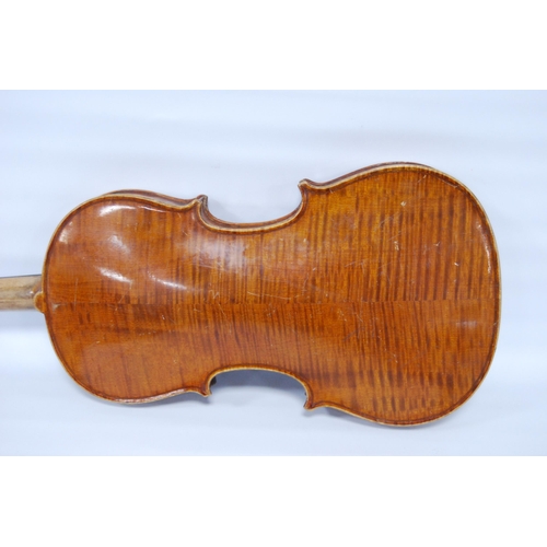 202 - Antique violin with two-piece back, 32cm, with two bows in fitted case.