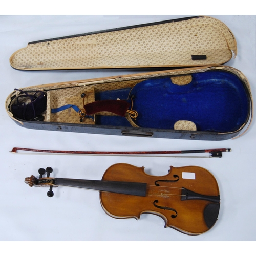 203 - Antique violin with two-piece back, 35cm long, with bow, in fitted case.