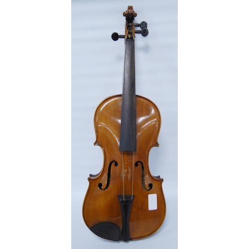 203 - Antique violin with two-piece back, 35cm long, with bow, in fitted case.