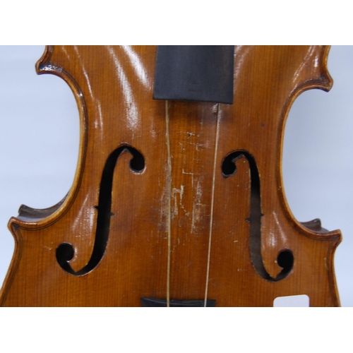 203 - Antique violin with two-piece back, 35cm long, with bow, in fitted case.