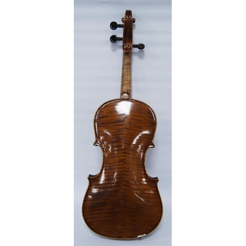 203 - Antique violin with two-piece back, 35cm long, with bow, in fitted case.