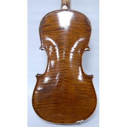 203 - Antique violin with two-piece back, 35cm long, with bow, in fitted case.