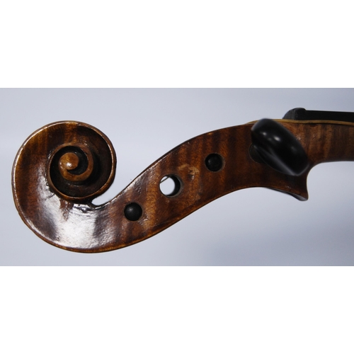 203 - Antique violin with two-piece back, 35cm long, with bow, in fitted case.