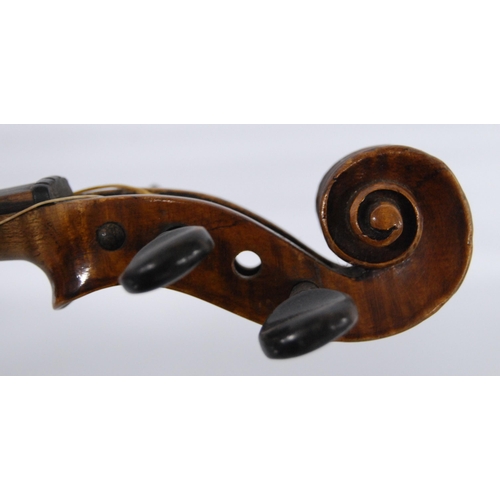 203 - Antique violin with two-piece back, 35cm long, with bow, in fitted case.