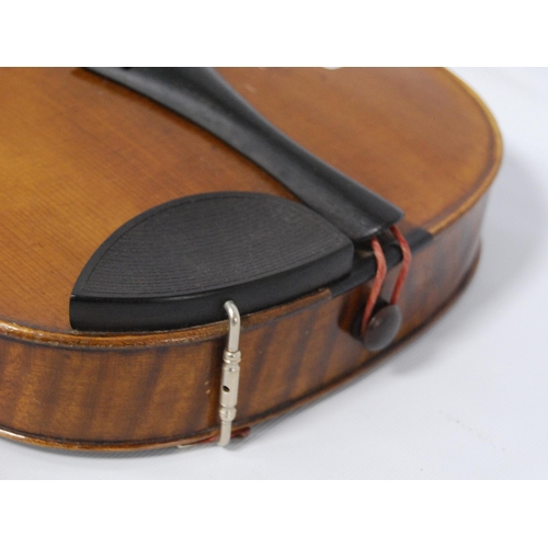 203 - Antique violin with two-piece back, 35cm long, with bow, in fitted case.